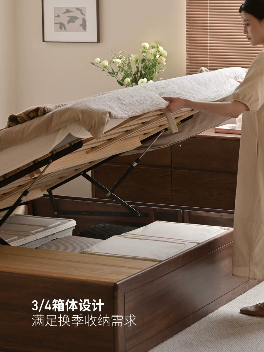 实木床简约黑胡桃木抽屉箱体床卧室复古原木储物双人床